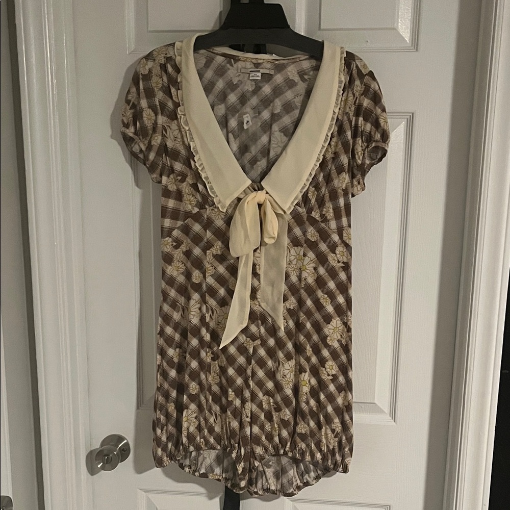 Urban Outfitters Brown Plaid Romper with Cream Bow